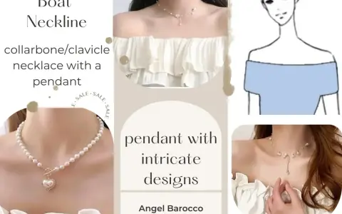 A guide to choosing necklaces for boat necklines. Features collarbone necklaces with pendants, including intricate designs.