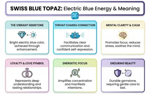Swiss Blue Topaz represents electric blue energy, promoting clear communication, mental clarity, and enduring beauty.