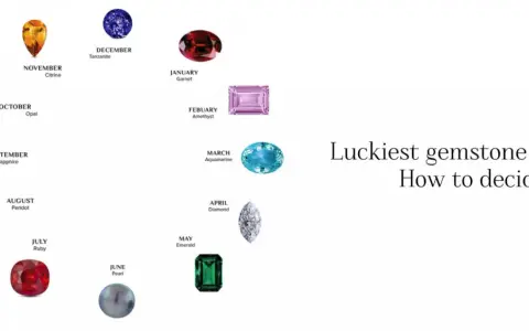 A circular chart displays birthstones, each labeled with its month and name, suggesting gemstones for good luck.