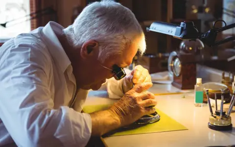 A watchmaker, wearing a loupe, meticulously works on a watch, demonstrating how to fix a watch with precision tools.