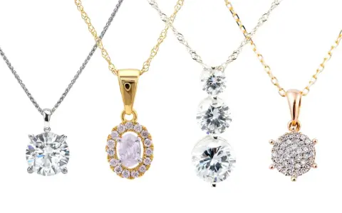 Four elegant diamond chains showcase different styles: a solitaire, an oval halo, a cascading trio, and a cluster pendant.