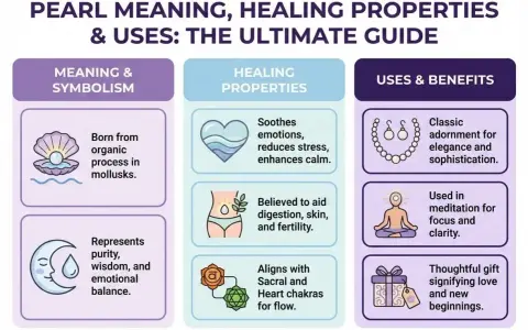 Infographic detailing the spiritual meaning of pearls: purity, wisdom, emotional balance, healing properties, and uses in adornment and meditation.