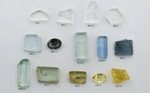 A collection of raw and cut gemstones, including a yellow heliodor gemstone, aquamarines, and other beryl varieties, displayed on a white background.