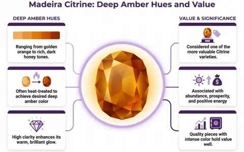 Madeira Citrine, a valuable variety, boasts deep amber hues. Its rich color, often heat-treated, and high clarity contribute to its worth, making it a stone associated with prosperity.