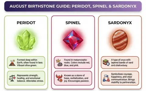 August birthstone guide: Peridot, Spinel, and Sardonyx. Peridot is a vibrant olive-green stone.