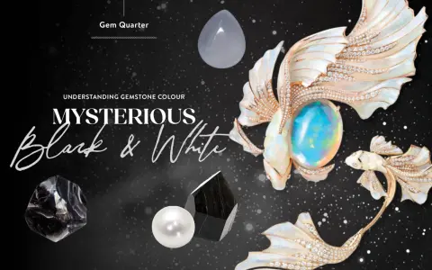 Mysterious black and white gemstone collection, featuring a pearl, obsidian, and a pear-shaped chalcedony.