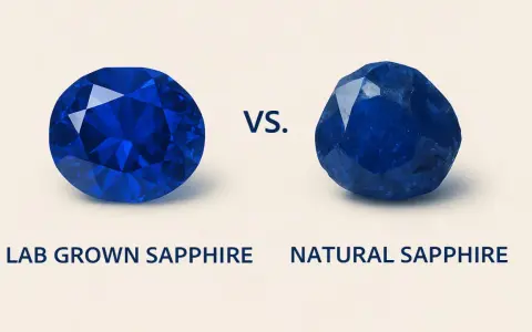 A faceted lab-grown sapphire and a rough natural sapphire are shown side-by-side, illustrating where sapphires are found.