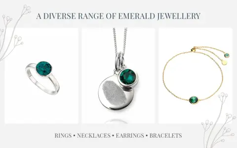 A silver ring, a fingerprint pendant necklace, and a gold bracelet, all featuring a vibrant emerald birthstone.