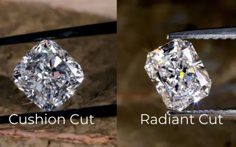 Side-by-side comparison of a cushion cut diamond and a radiant cut diamond, showcasing their distinct facets and brilliance.
