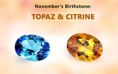 Two oval gemstones, a vibrant blue topaz and a warm citrine, represent November's birthstone.