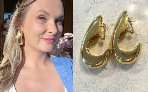 A woman models bold, chunky gold hoop earrings. A separate image shows a pair of these stylish types of hoop earrings.