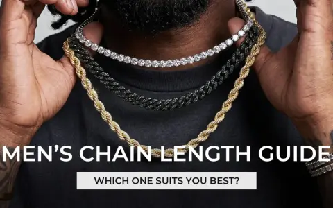 A man displays three chains: a diamond tennis chain, a black cuban link, and a gold rope chain. Learn how long is a 22 inch chain.