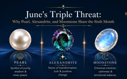 June's birthstone trio: Pearl, Alexandrite, and Moonstone, each with unique symbolism for the sixth month.