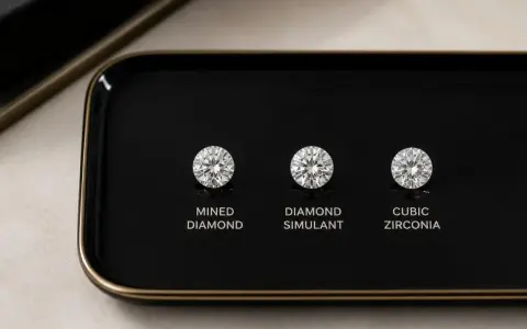 Three round brilliant cuts: a mined diamond, a diamond simulant, and cubic zirconia, displayed on a black tray.