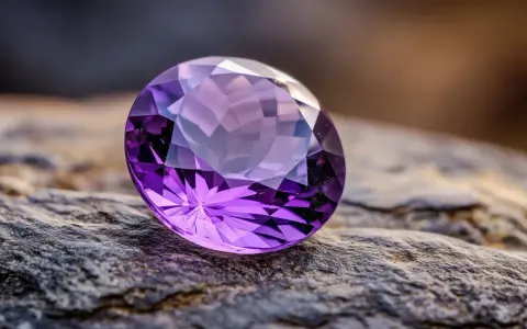 A faceted amethyst, the beautiful feb birthstone, rests on a textured rock.