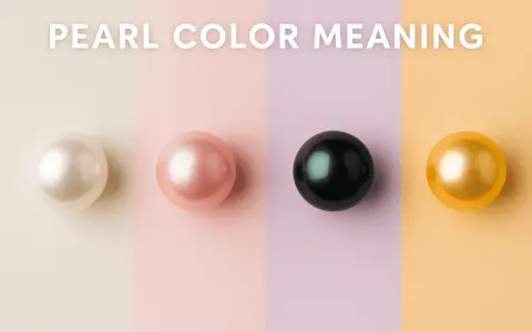 Four pearls—white, pink, black, and gold—are displayed, hinting at the pearl color meaning and their symbolic significance.