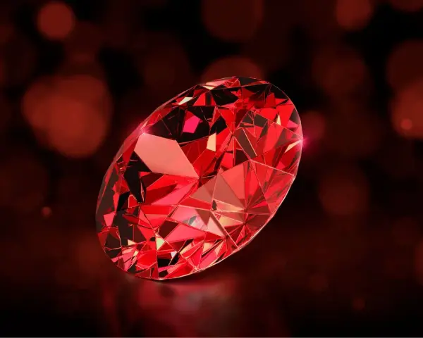 A brilliant, faceted ruby, the july birth color, glows with deep red fire against a dark, bokeh background.