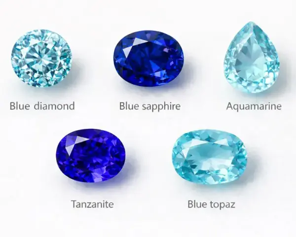 Five faceted blue precious stones: blue diamond, blue sapphire, aquamarine, tanzanite, and blue topaz.