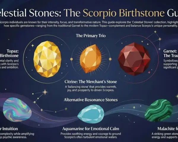 Scorpio birthstone guide featuring Topaz, Citrine, and Garnet. Also shows Opal, Aquamarine, and Malachite.