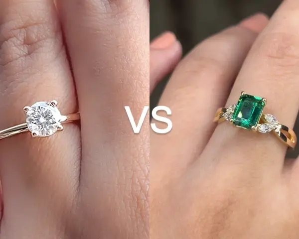 A classic solitaire engagement ring meaning is timeless love. This image shows a diamond solitaire vs. an emerald ring.