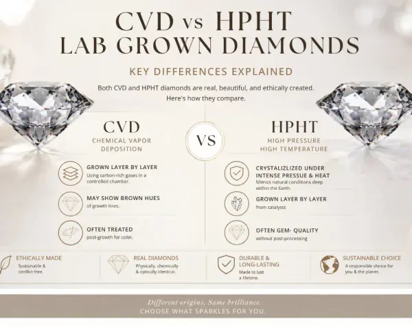 Learn how diamonds are grown in a lab using CVD (chemical vapor deposition) with carbon-rich gases or HPHT (high pressure, high temperature) mimicking Earth's conditions.