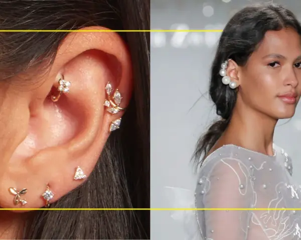 A close-up of an ear adorned with delicate gold piercings and a model showcasing elegant pearl ear cuffs, highlighting diverse earing styles.