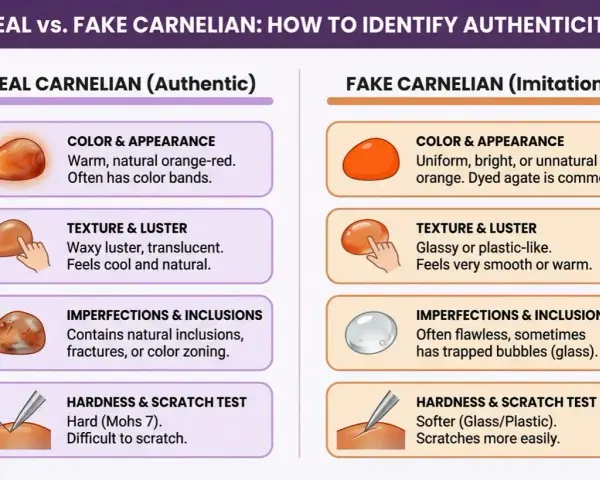 Guide to identifying natural carnelian vs. imitation. Authentic carnelian has warm, banded colors and natural inclusions.