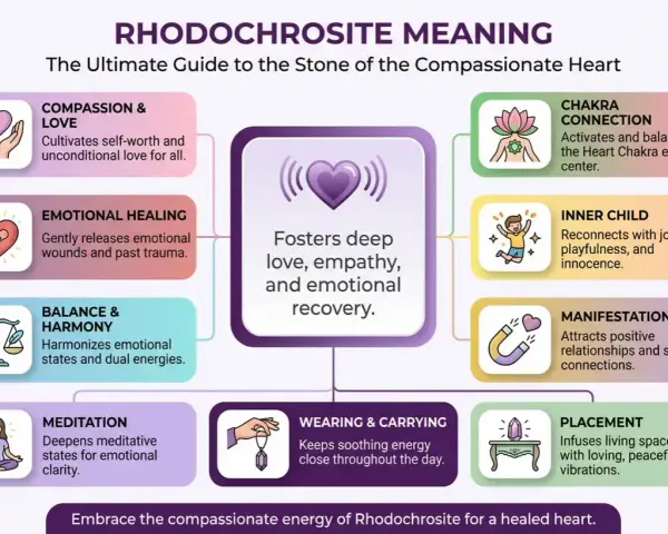 Rhodochrosite benefits: Compassion, emotional healing, balance, meditation, chakra connection, inner child joy, manifestation, and peaceful placement.