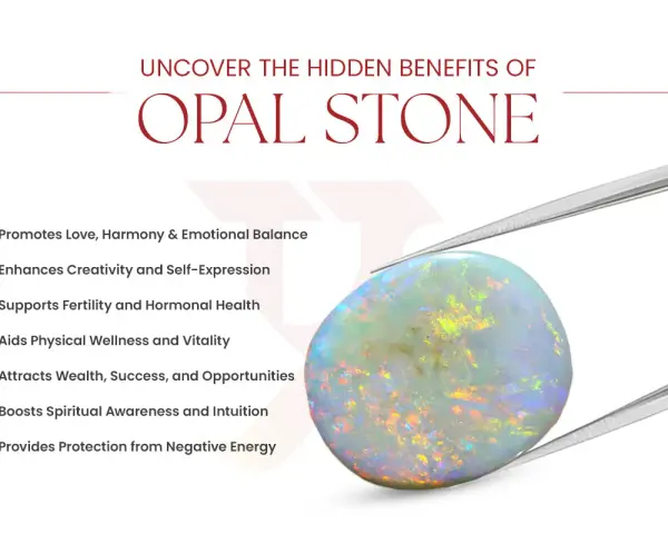 Opal stone held by tweezers, showcasing its iridescent colors. Discover its opal spiritual meaning: boosting intuition, awareness, and protection.