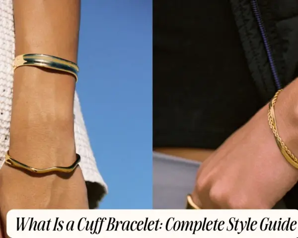 Two wrists adorned with gold jewelry. The left shows a wavy cuff bracelet against a white textured garment and blue sky. The right displays a thin cuff bracelet with star details and a layered chain bracelet.