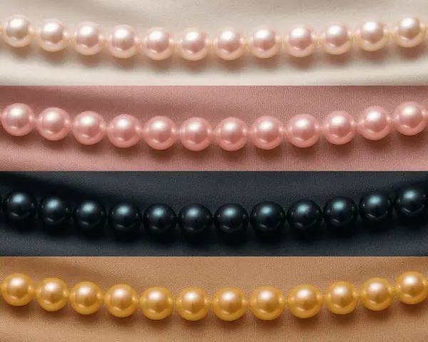 Rows of pearl color beads: cream, pink, black, and gold, draped on satin fabric.