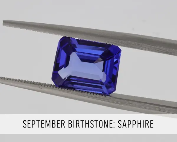 A faceted, deep blue sapphire, the September birthstone, is held by silver tweezers against a light gray background.
