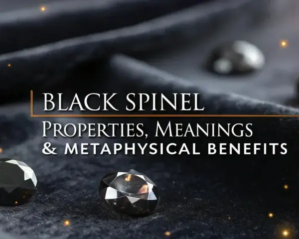 Black spinel gems on dark fabric, with text "BLACK SPINEL PROPERTIES, MEANINGS & METAPHYSICAL BENEFITS." Discover the black spinel meaning.