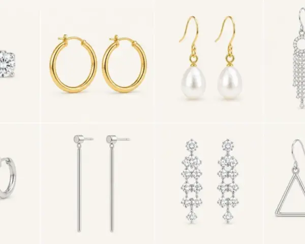 A collage showcasing various kinds of earrings: diamond studs, gold hoops, pearl drops, crystal chandeliers, silver bars, and triangle outlines.
