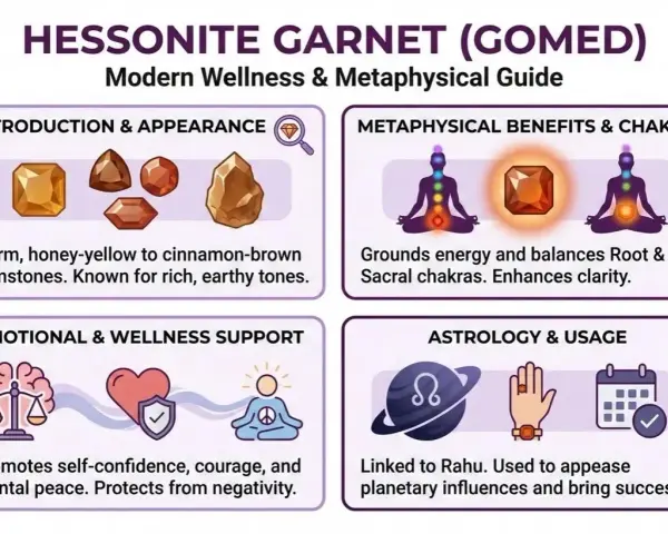 Hessonite garnet benefits: warm, honey-yellow to cinnamon-brown stones grounding energy, balancing chakras, promoting confidence, courage, mental peace, and success.