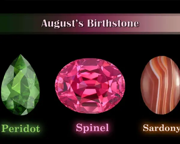 August's birthstone collection: a green peridot, a pink spinel, and a striped sardonyx.