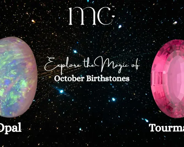 Two stunning gemstones, opal and tourmaline, are showcased as October birthstones against a starry night sky.
