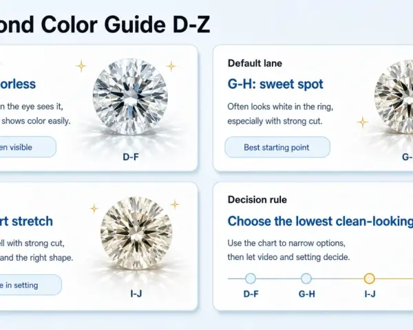 Diamond color scale guide showing D-F colorless, G-H sweet spot, and I-J smart stretch diamonds.