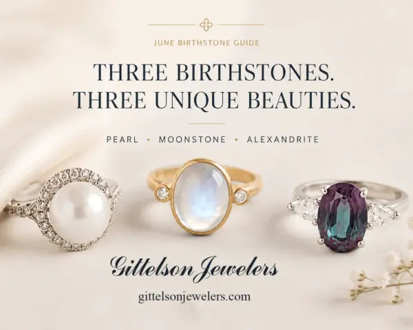 Three unique June birthstone rings: a pearl, moonstone, and alexandrite, showcased by Gittelson Jewelers.