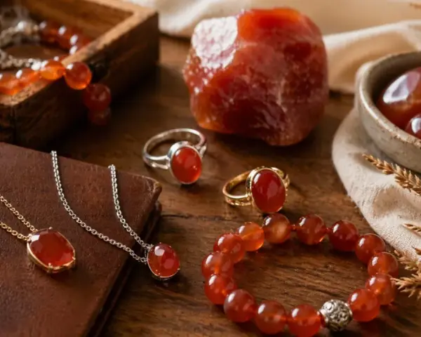 Carnelian jewelry, known for its vibrant orange-red hue, embodies courage and vitality. This collection showcases its carnelian spiritual meaning.