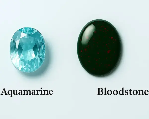 Aquamarine and Bloodstone, the march 6 birthstone options, are displayed side-by-side.