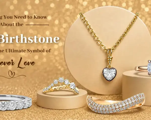 Diamond jewelry, the ultimate symbol of forever love, celebrates the April birthstone. A radiant diamond necklace and rings are showcased.