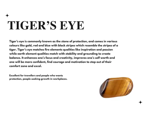 Tiger's eye stone, known for protection and inspiration. Its meaning includes grounding, confidence, and courage for growth.