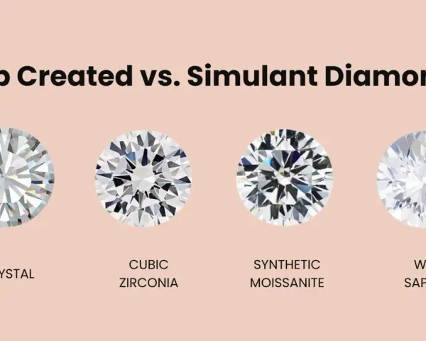 Four round gemstones: crystal, cubic zirconia, synthetic moissanite, and white sapphire, illustrating lab created vs. simulant diamonds.