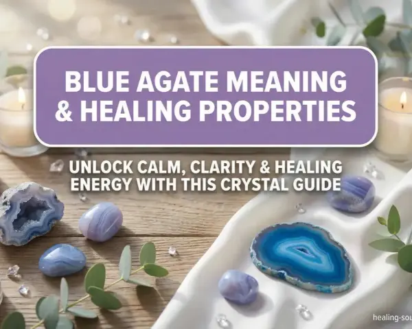 Blue agate meaning and healing properties are explored with calming blue stones, candles, and eucalyptus. Unlock clarity and healing energy.