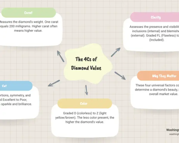 Infographic detailing the 4Cs of diamond value: Carat, Cut, Clarity, and Color, crucial for diamond appraisal.