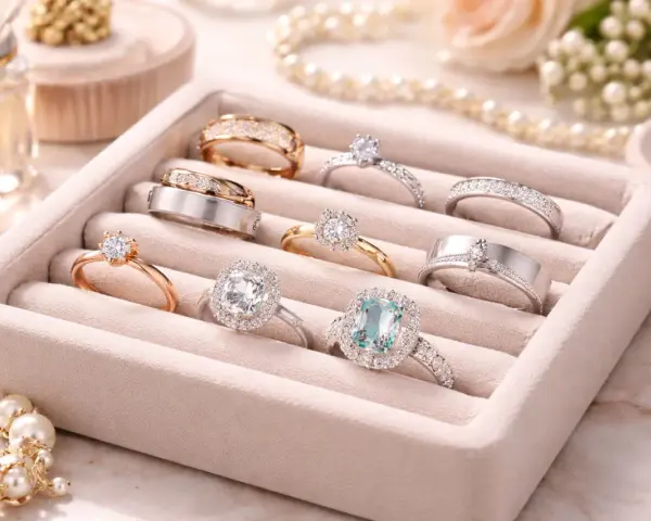 A velvet tray displays various styles of engagement rings, from classic solitaires to diamond-encrusted bands, in gold, silver, and rose gold.