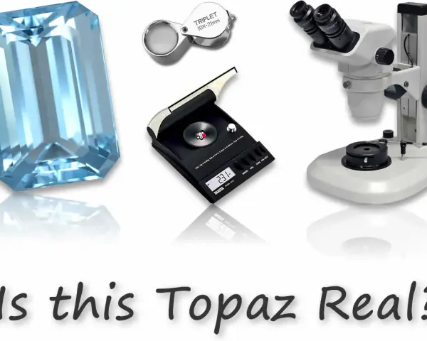 Tools for how to identify raw topaz: a large blue gemstone, a loupe, a scale, and a microscope.