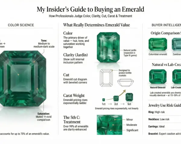 Emeralds, the May 4th birthstone, are explained by color, clarity, cut, carat, and treatment. Learn how to judge their value.