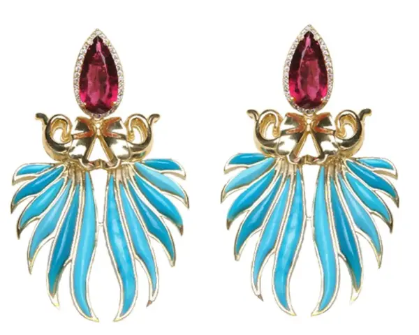 Exquisite gold earrings featuring a teardrop ruby and vibrant blue enamel, reminiscent of the rich colors found in brazilian stones.